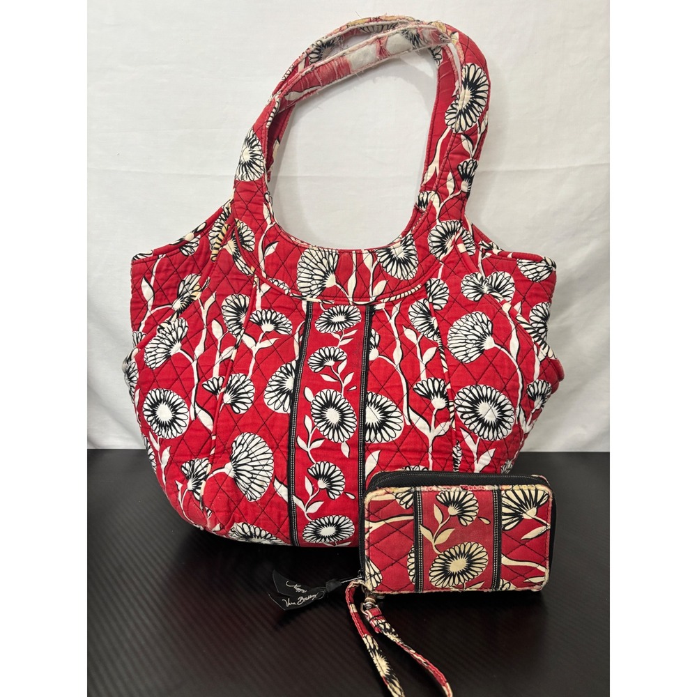 Vera Bradley Night and Day Red Floral Quilted Tote Bag and Wristlet Wallet Set